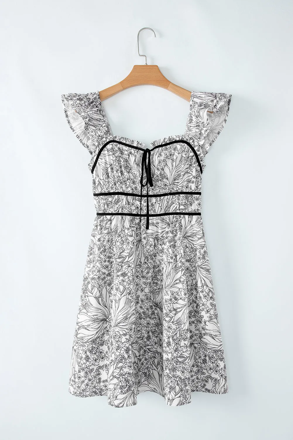White Floral Print Pipping Trim Flutter Sleeve Mini Dress