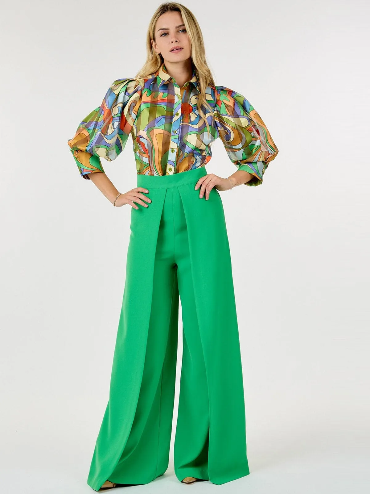 WOMEN'S ZIP UP PLEATED FRONT WIDE LEG PANTS