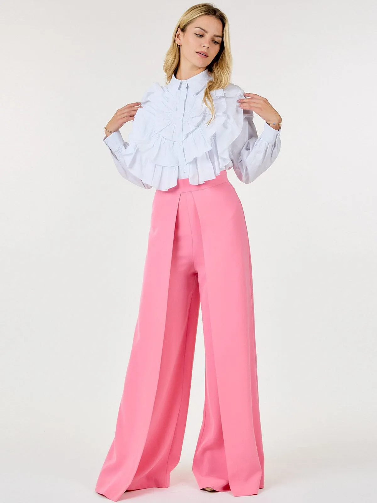 WOMEN'S ZIP UP PLEATED FRONT WIDE LEG PANTS