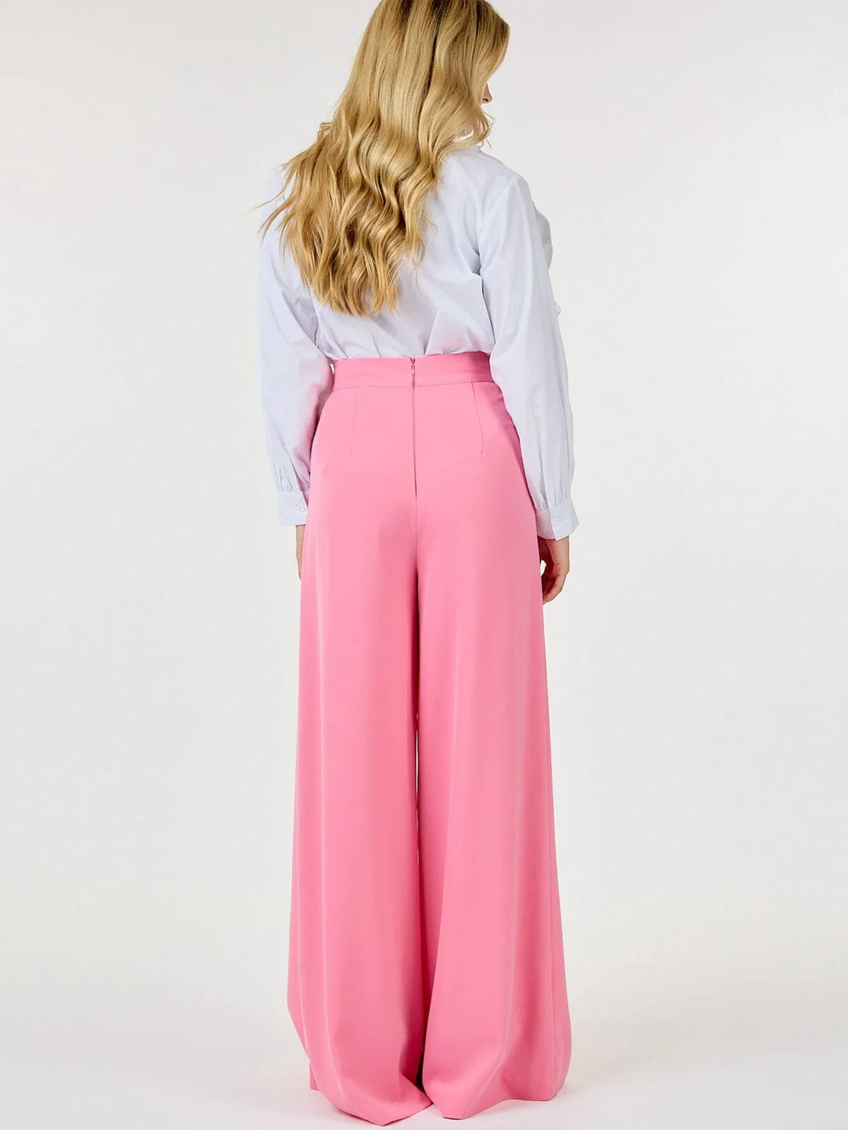 WOMEN'S ZIP UP PLEATED FRONT WIDE LEG PANTS