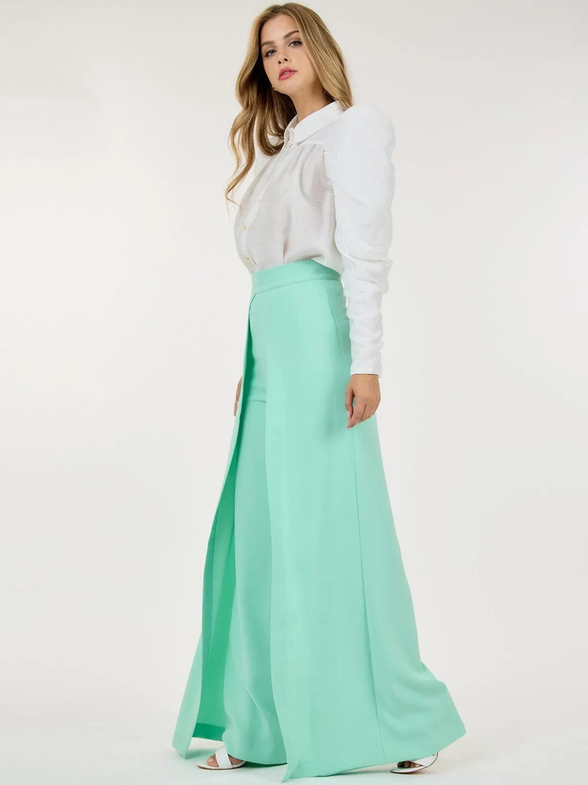 WOMEN'S ZIP UP PLEATED FRONT WIDE LEG PANTS
