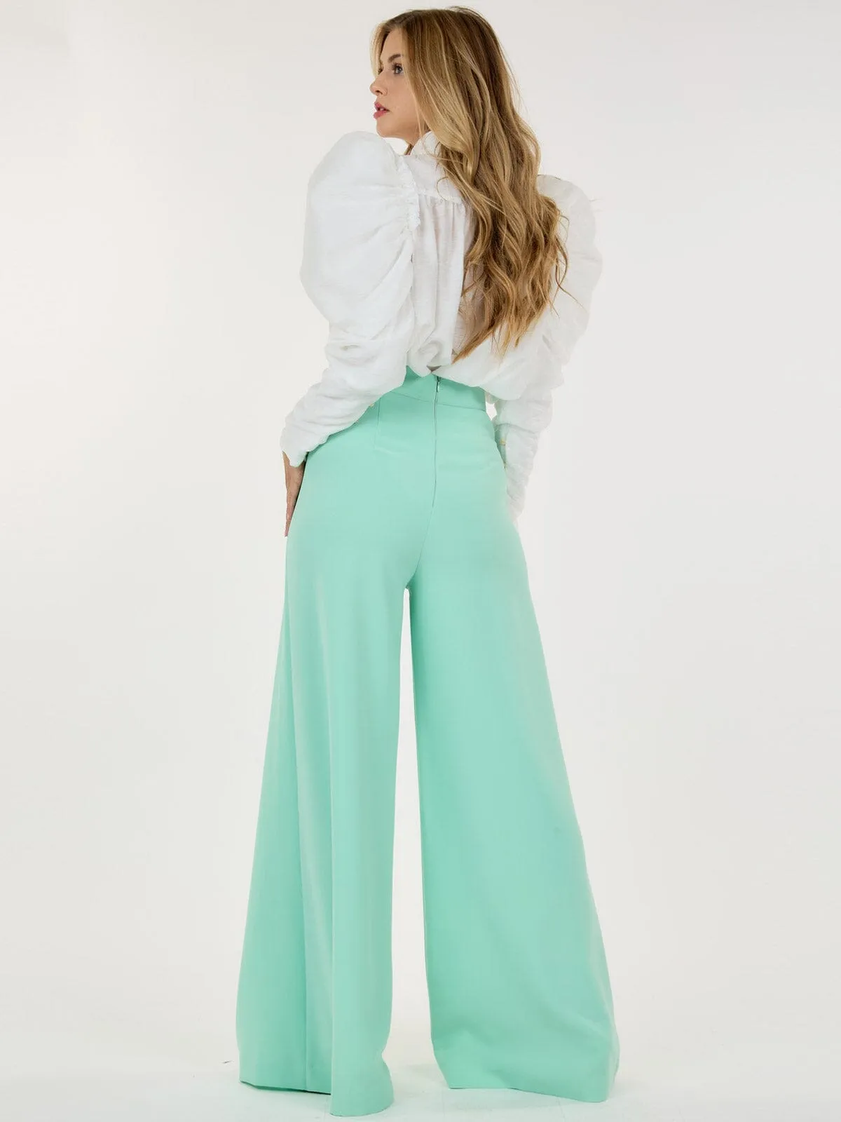 WOMEN'S ZIP UP PLEATED FRONT WIDE LEG PANTS