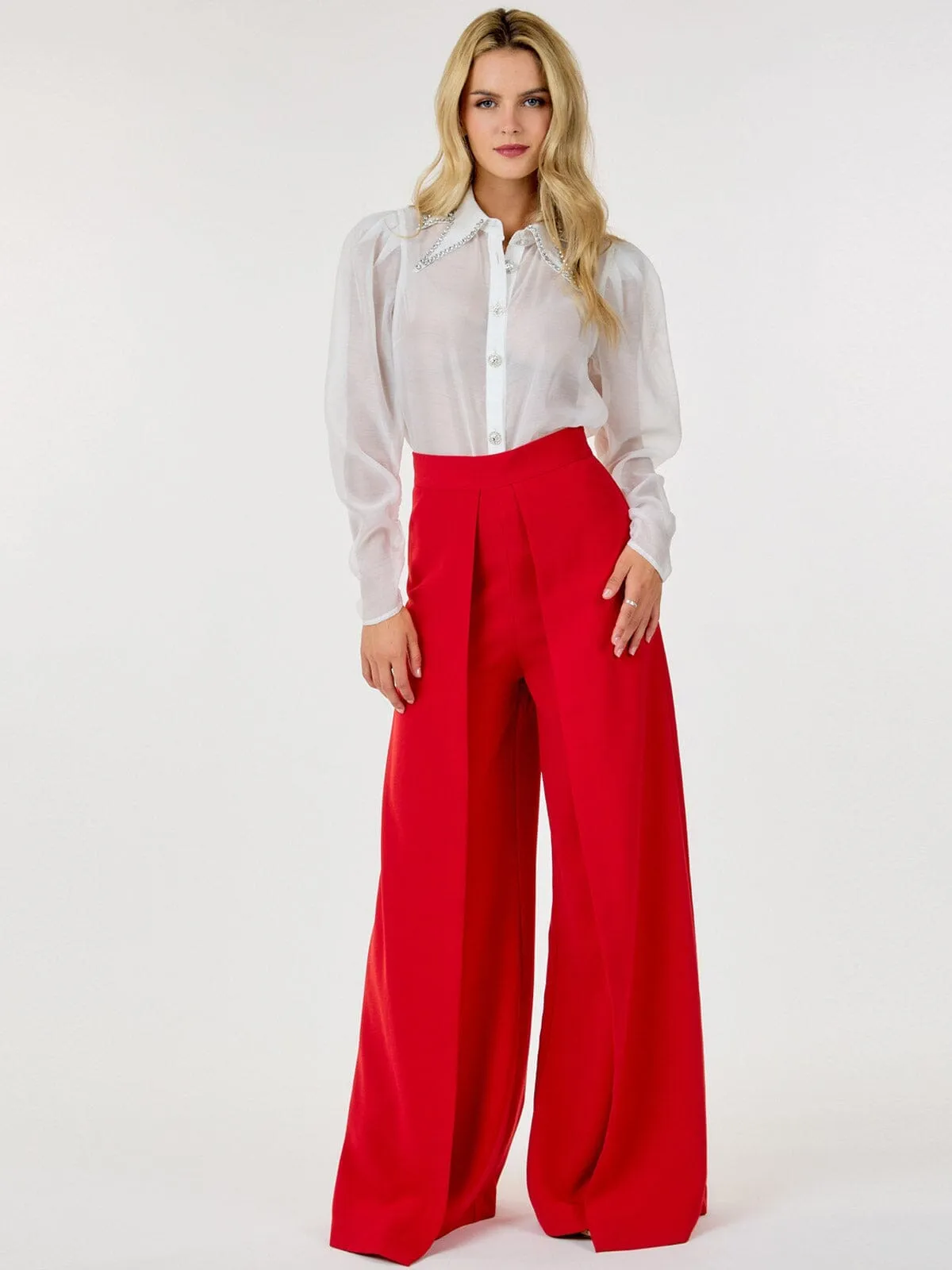 WOMEN'S ZIP UP PLEATED FRONT WIDE LEG PANTS