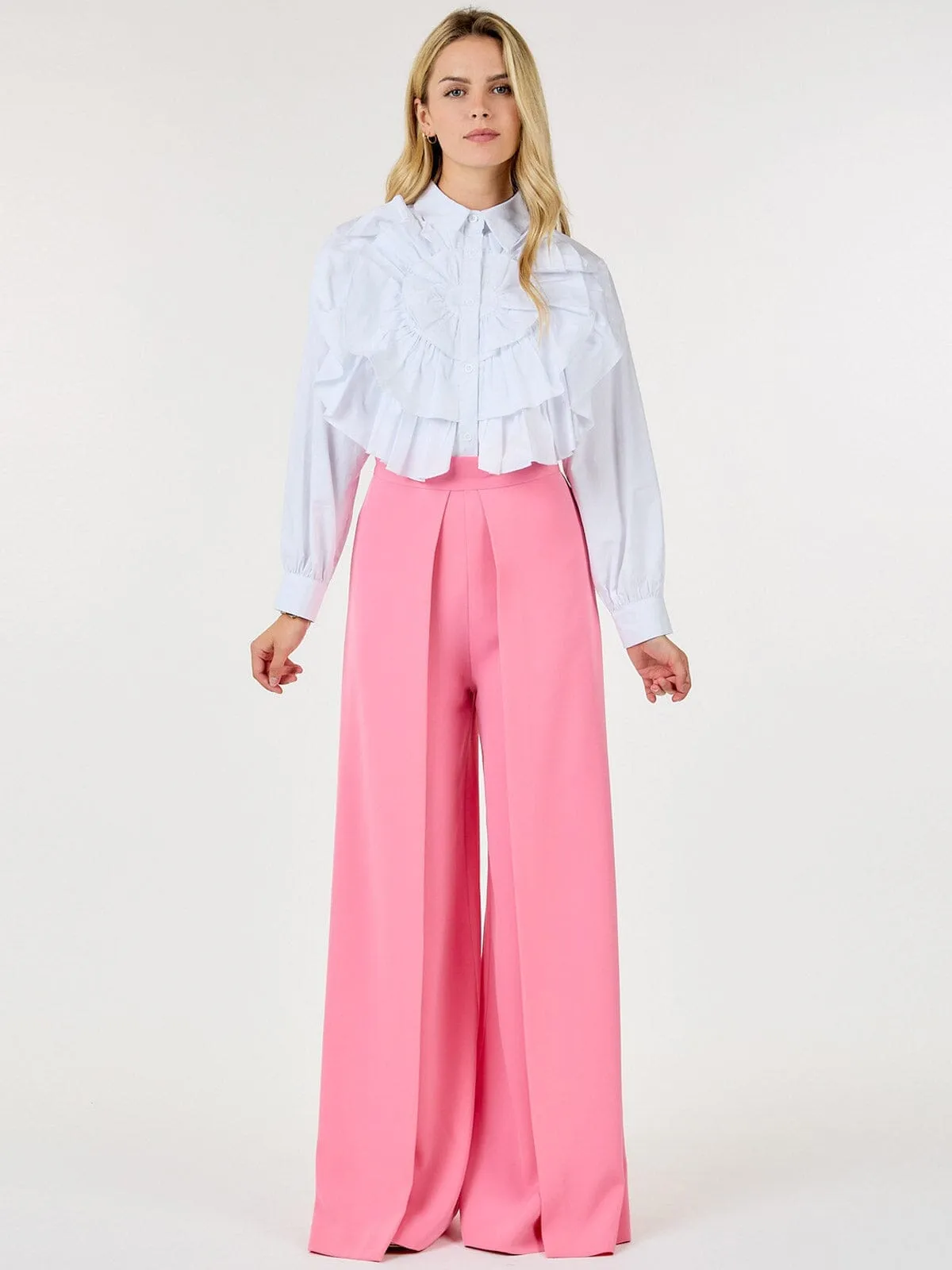 WOMEN'S ZIP UP PLEATED FRONT WIDE LEG PANTS