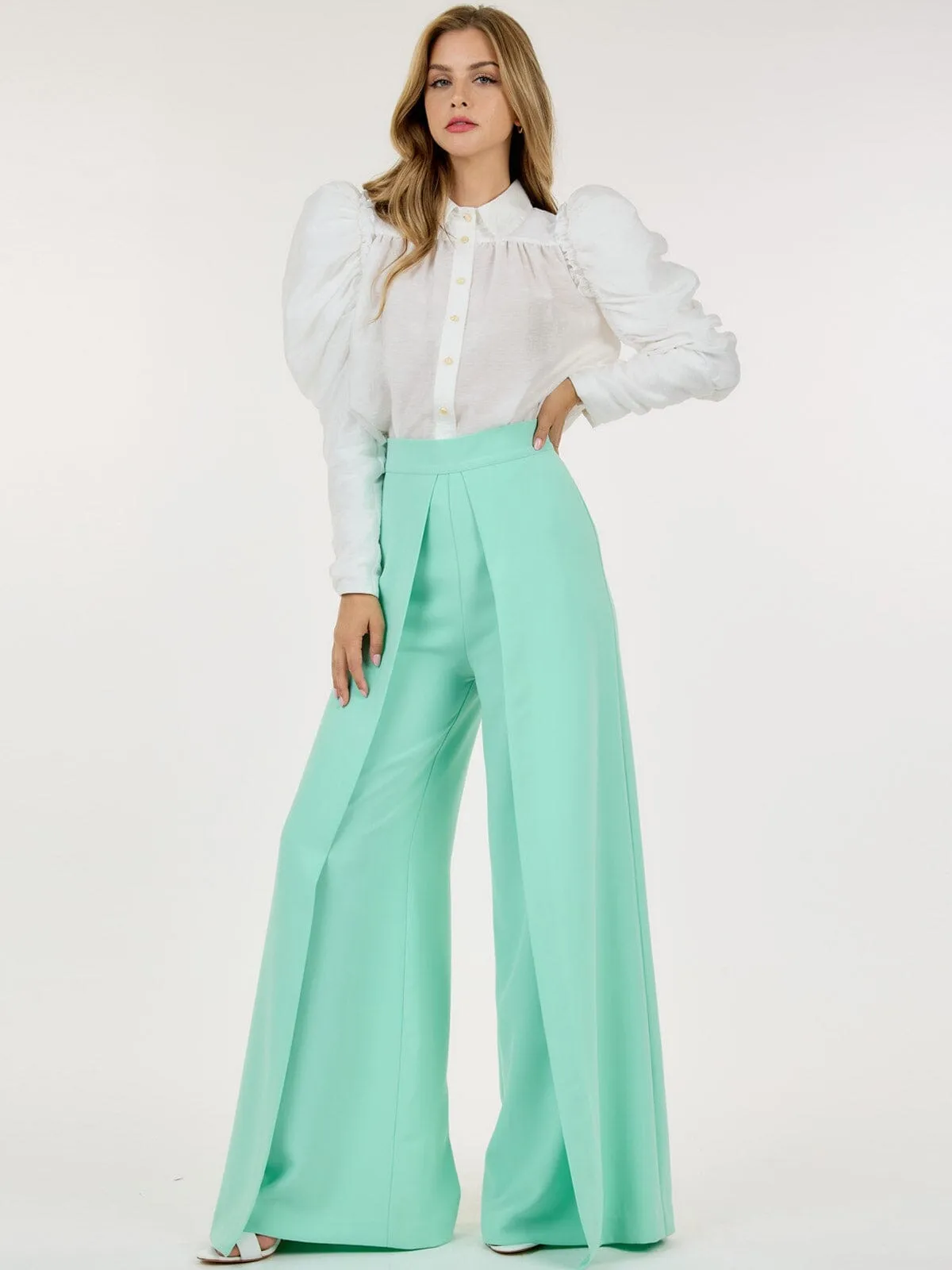 WOMEN'S ZIP UP PLEATED FRONT WIDE LEG PANTS
