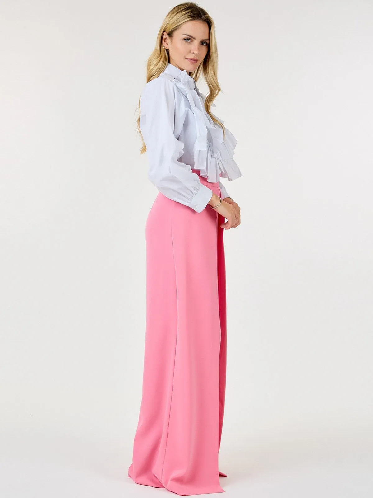 WOMEN'S ZIP UP PLEATED FRONT WIDE LEG PANTS
