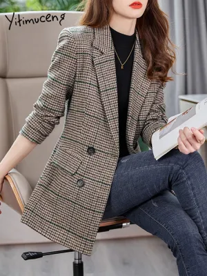 Yitimuceng Plaid Blazer for Women Double Breasted Long Sleeve Formal Blazer Suit Collar Fashion Elegant Suits Coat Autumn Winter