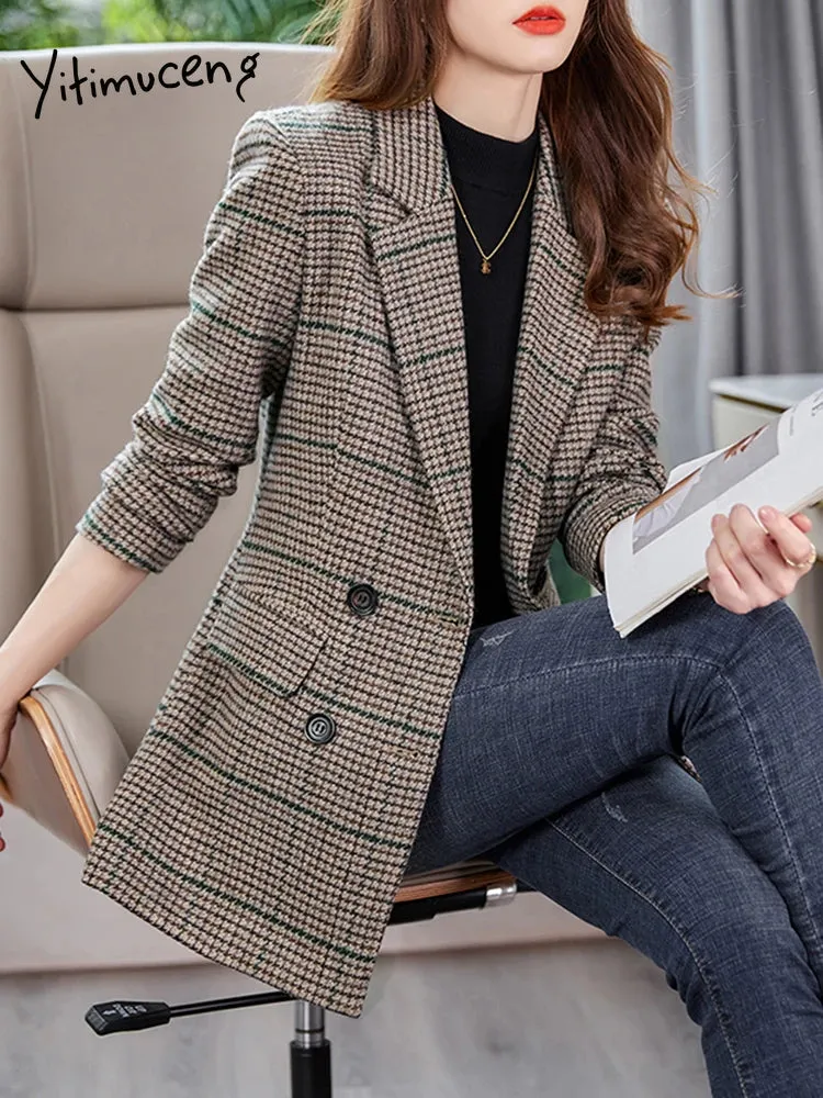 Yitimuceng Plaid Blazer for Women Double Breasted Long Sleeve Formal Blazer Suit Collar Fashion Elegant Suits Coat Autumn Winter