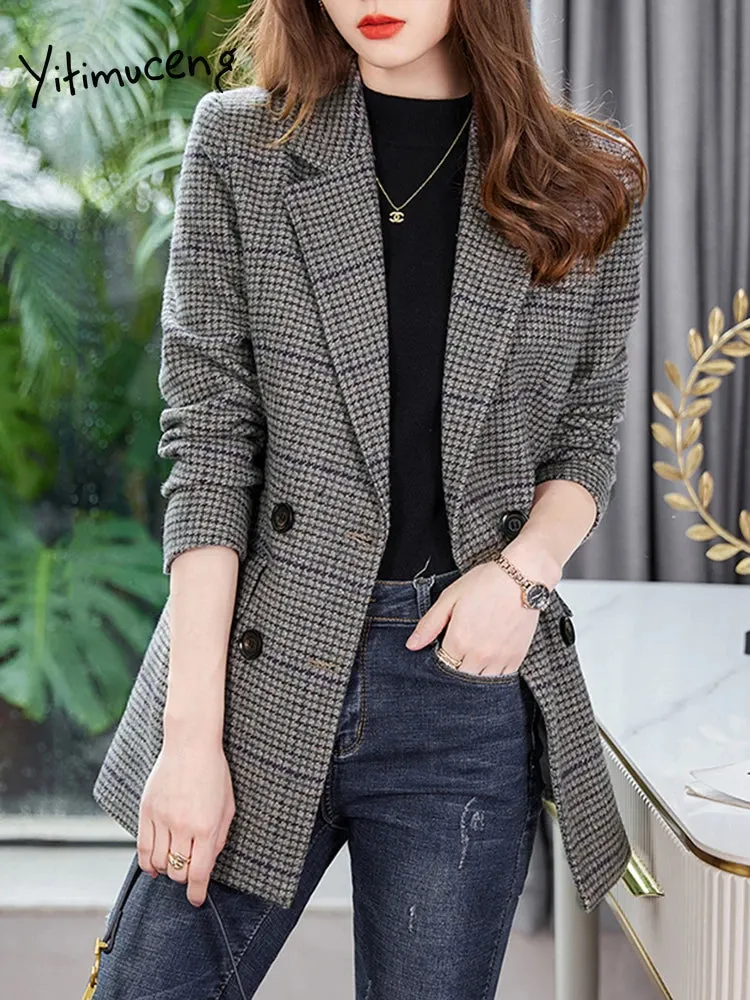 Yitimuceng Plaid Blazer for Women Double Breasted Long Sleeve Formal Blazer Suit Collar Fashion Elegant Suits Coat Autumn Winter