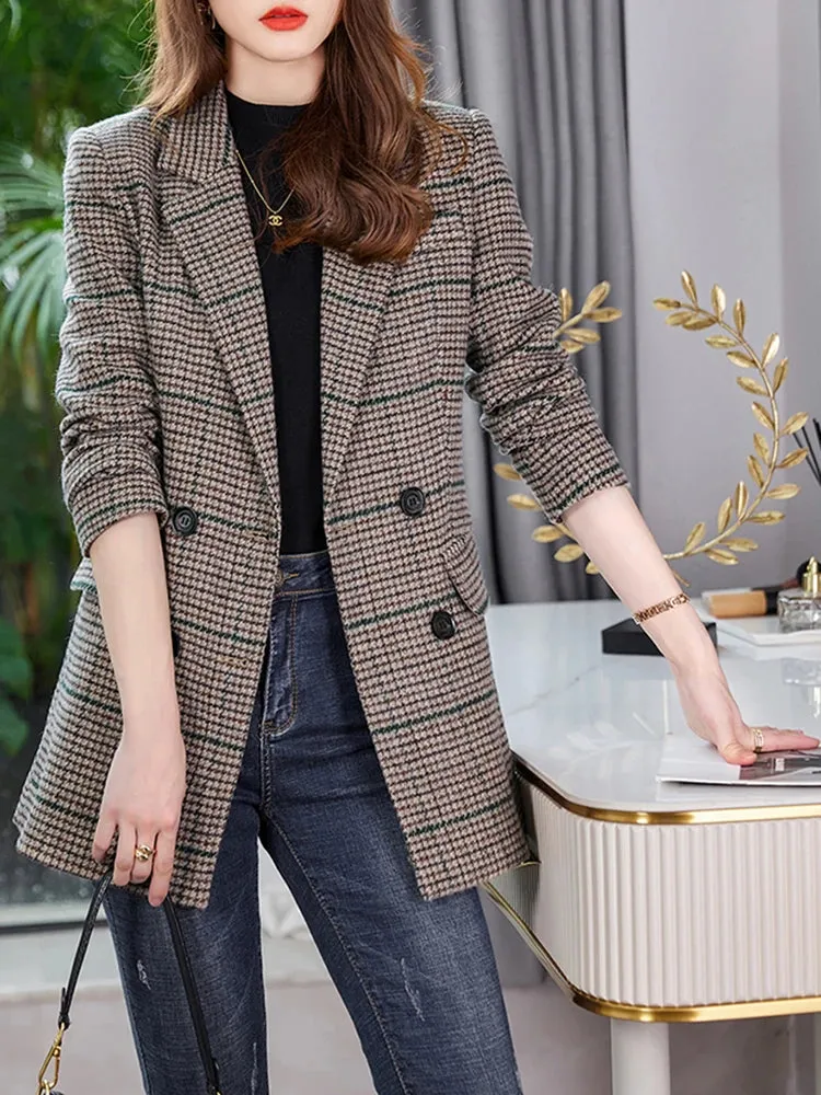 Yitimuceng Plaid Blazer for Women Double Breasted Long Sleeve Formal Blazer Suit Collar Fashion Elegant Suits Coat Autumn Winter