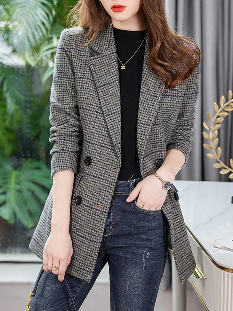 Yitimuceng Plaid Blazer for Women Double Breasted Long Sleeve Formal Blazer Suit Collar Fashion Elegant Suits Coat Autumn Winter