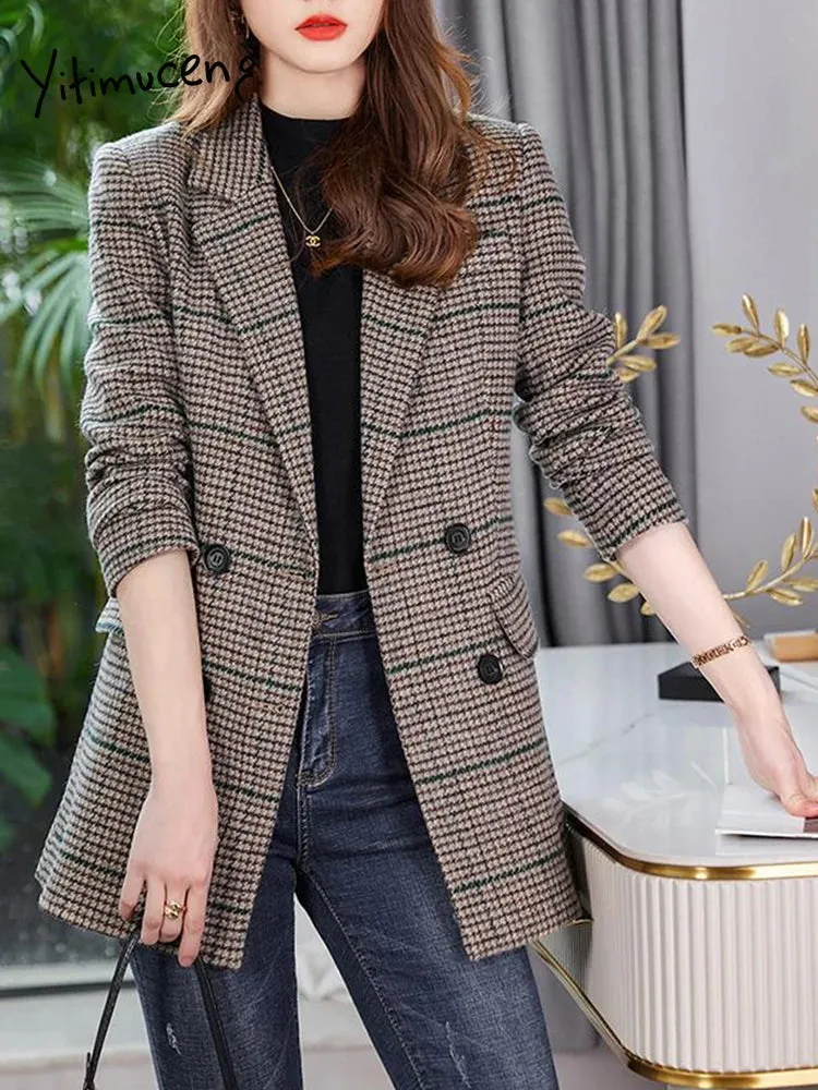 Yitimuceng Plaid Blazer for Women Double Breasted Long Sleeve Formal Blazer Suit Collar Fashion Elegant Suits Coat Autumn Winter