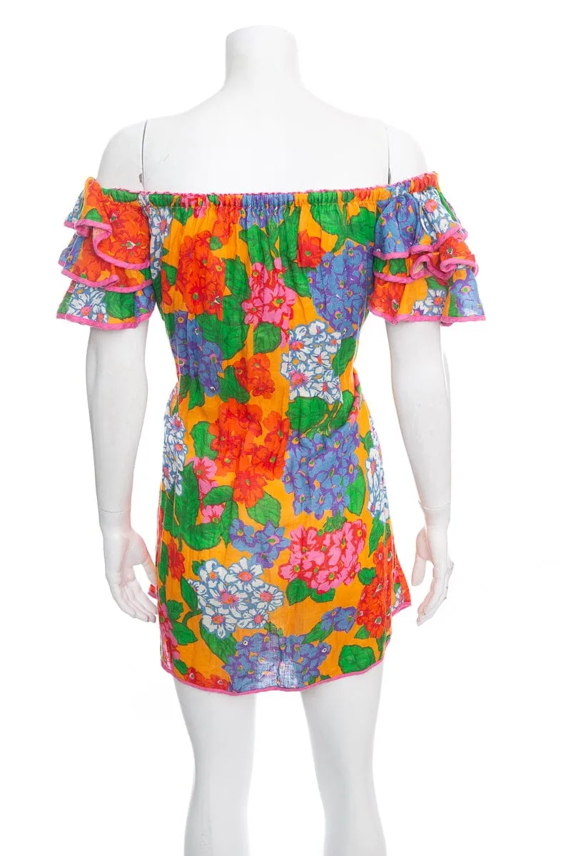 Zimmermann Multicolor Floral Off The Shoulder Dress with Tie Waist SZ 0