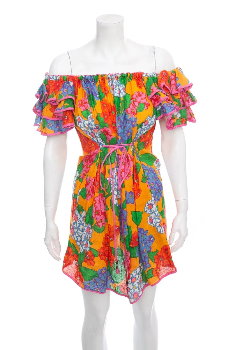 Zimmermann Multicolor Floral Off The Shoulder Dress with Tie Waist SZ 0