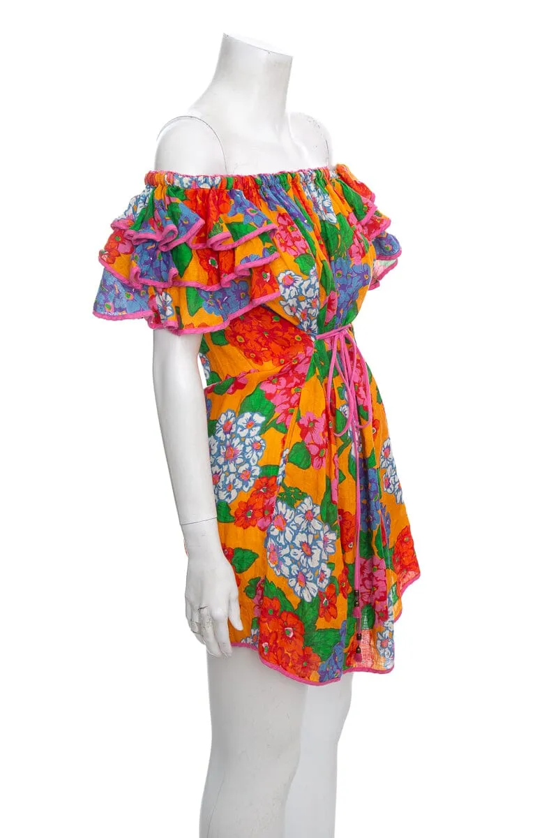Zimmermann Multicolor Floral Off The Shoulder Dress with Tie Waist SZ 0